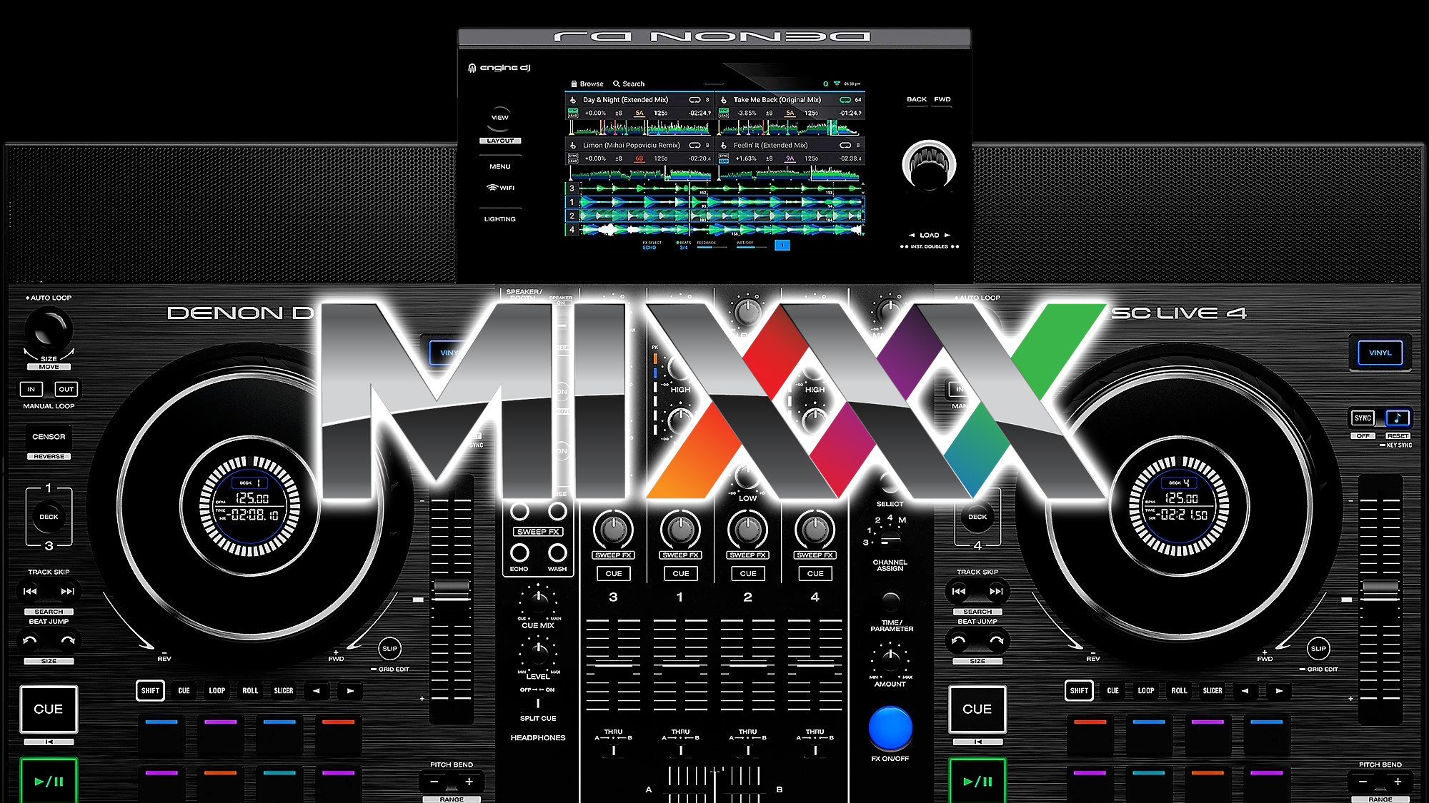 Mixxx Logo shown over Denon SC Live 4 DJ Controller